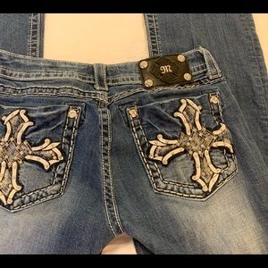 Miss Me Leather Cross Bling Pocket Jeans